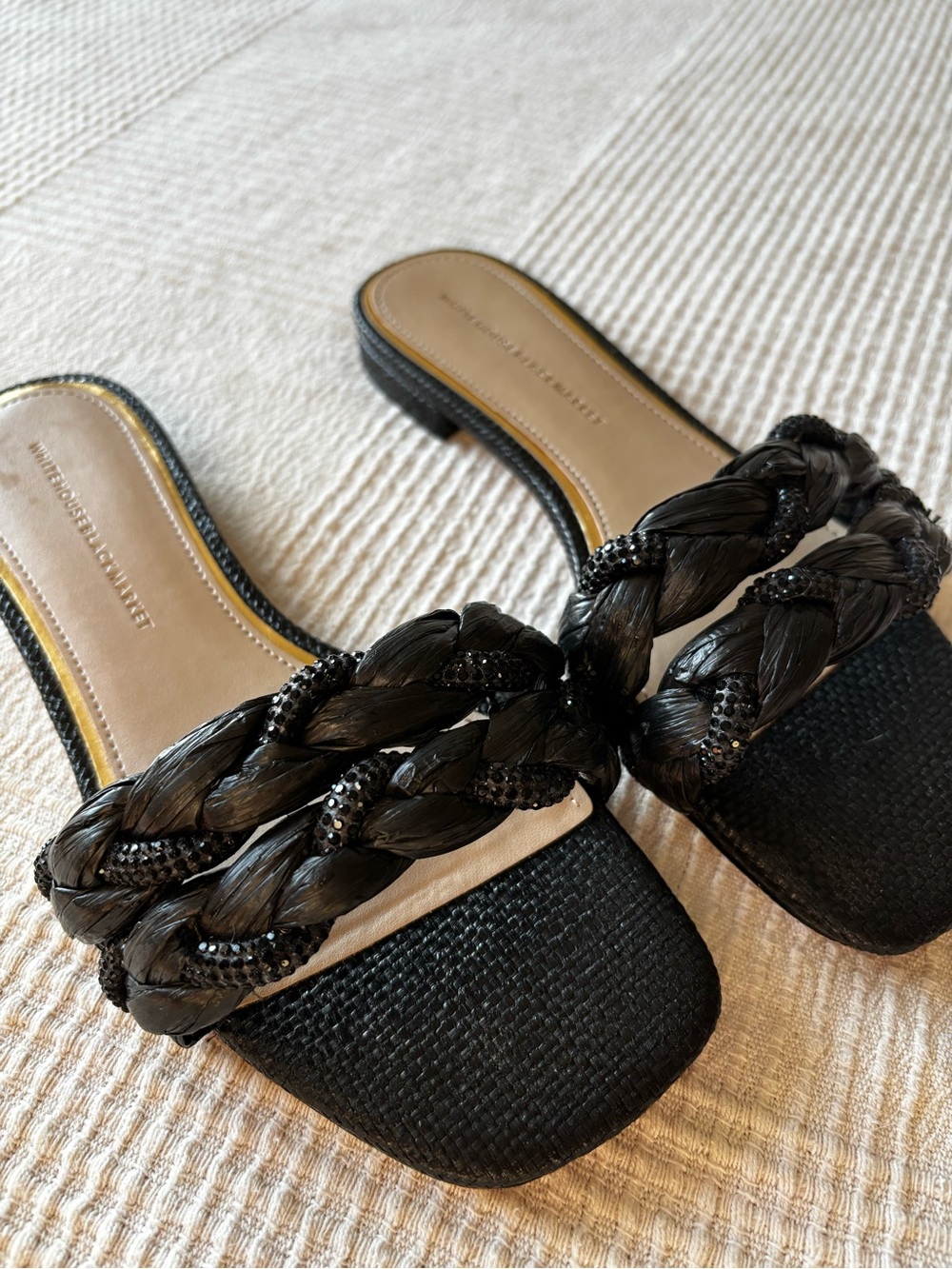 White House Black Market Black Braided Beaded Slide Sandals Sz 6.5